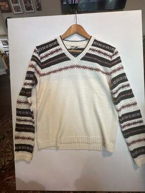 Faded Glory Authentic V-Neck Fair Isle Knit Sweater Cream Winter Ski